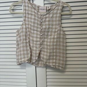 Laura Ashley Beige and White Gingham Sleeveless Button-Front Tank